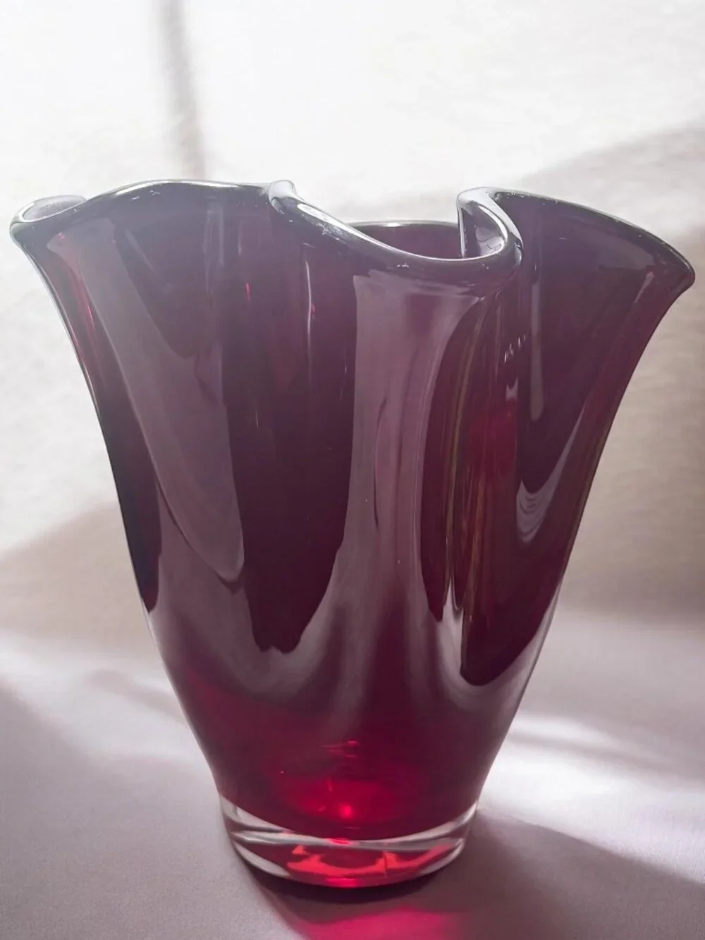 Hand-Blown Ruby Red Glass Vase With Freeform Ruffled Edges